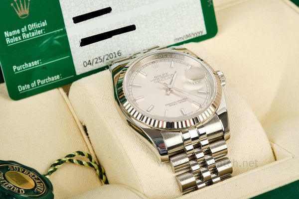 Rolex Datejust 36 Silver Dial Hidden Clasp 116234 COMPETE SET 04-2016